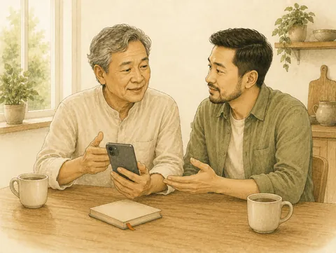 Illustration of a father holding his phone while talking with his adult son at a sunlit kitchen table.