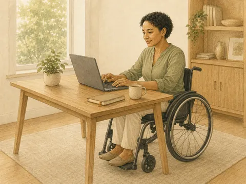 Illustration of a woman using a laptop independently at a bright desk while seated in a wheelchair.