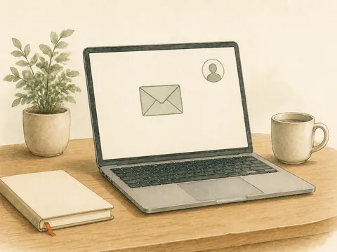 Illustration of a laptop with an email envelope and account symbol on the screen.