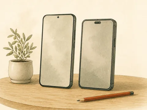 Illustration of two different smartphones standing side by side on a table.