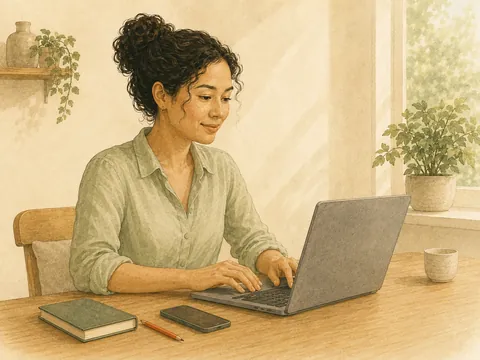 Illustration of a woman calmly typing on a laptop at a sunlit desk, with a notebook and phone nearby.