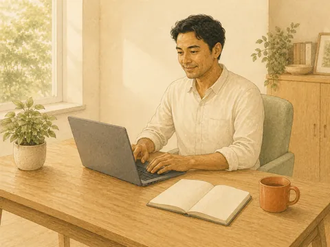 Illustration of a man using a laptop at a bright desk, with an open notebook and orange mug beside him.