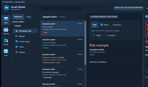 EmailShield Windows development interface with synthetic sample messages; no mailbox is connected.