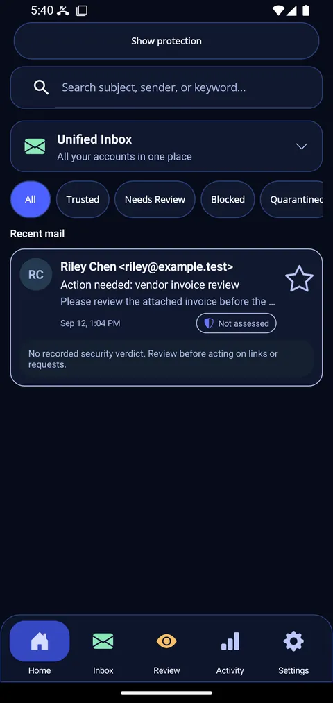 EmailShield Android development inbox with one synthetic message from an example.test address, explicitly marked Not assessed.