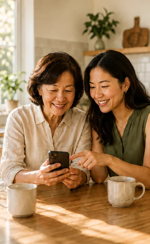 An adult daughter and her mother look at a phone together at the kitchen table.