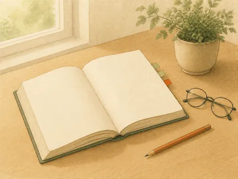 Illustration of an open reference book with page tabs, reading glasses and a pencil on a sunlit desk.