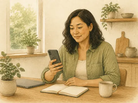 Illustration of a woman calmly checking her phone at a kitchen desk, with an open notebook beside her.