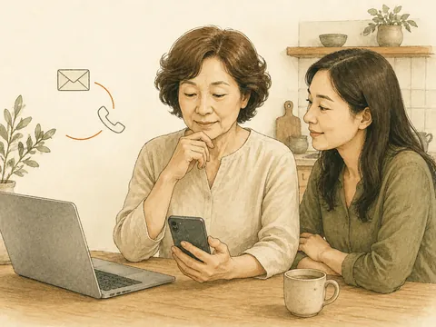 Illustration of a mother pausing over her phone while her daughter sits beside her, with an email and call symbol connected nearby.