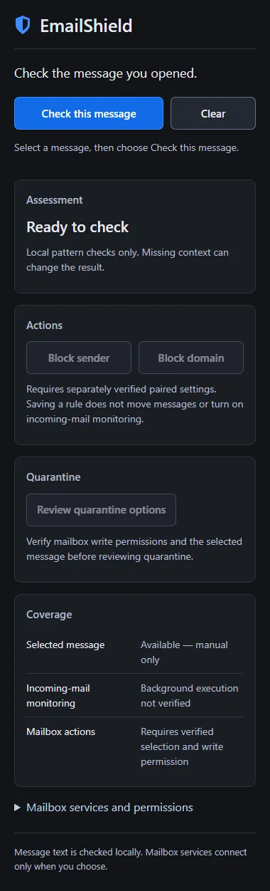 EmailShield web Outlook task pane ready for a manual message check, with mailbox actions disabled and background monitoring not verified.