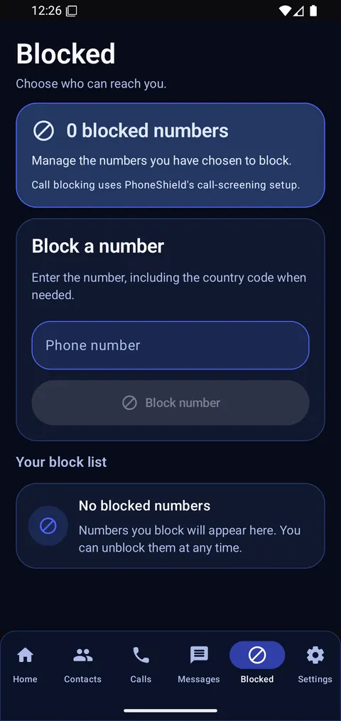 PhoneShield Android development screen showing an empty blocked-number list and a blank field for adding a number.