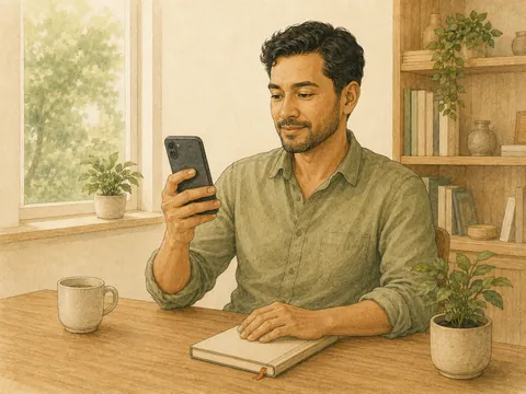 Illustration of a man privately reviewing his phone at a quiet desk, with a closed notebook beside him.