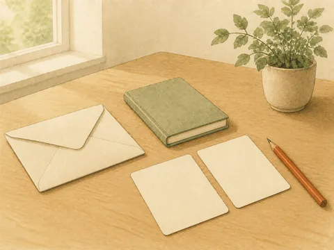 Illustration of an envelope, a closed notebook, two blank choice cards and a pencil on a softly lit desk.