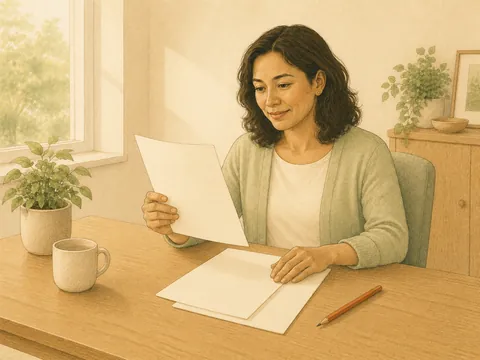 Illustration of a woman thoughtfully reading pages at a sunlit desk, with a pencil resting beside her.